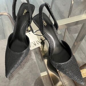 Zara Black Woven Rafia Slingback Heels